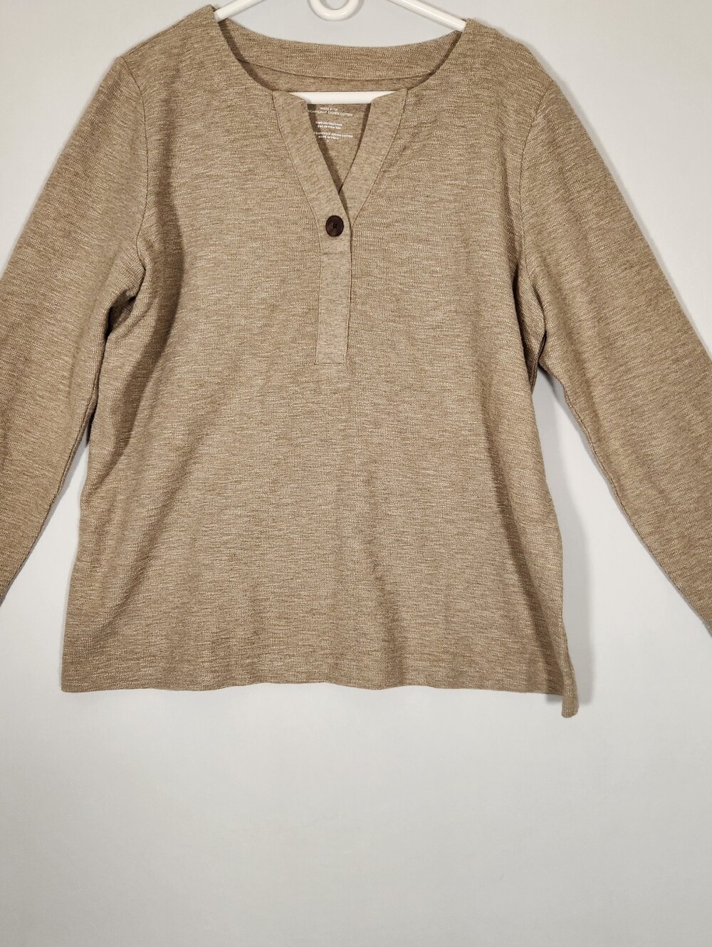 Pure Jill Organic Cotton Large Tan Brown Henley Sweater V Neck Minimalist